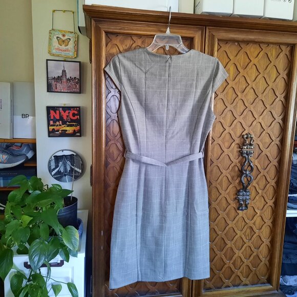 H&M Windowpane Plaid Belted Sheath Dress Office Work NWT!-  Beige/Gray, Size S - Picture 7 of 16